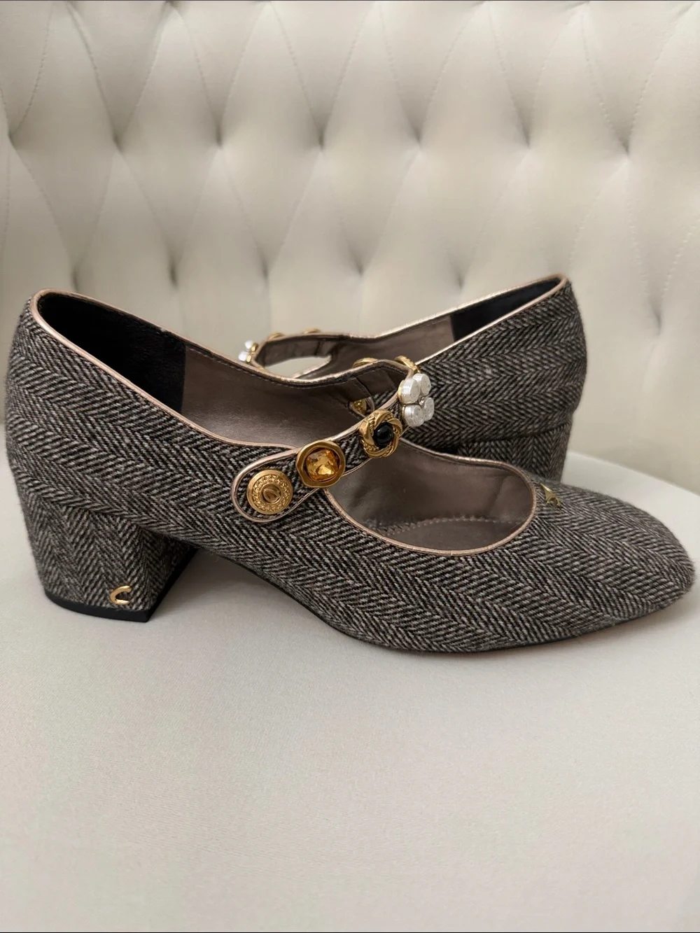 Circus NY Womens Herringbone Mary Jane Flats with Amber and Pearl Accent